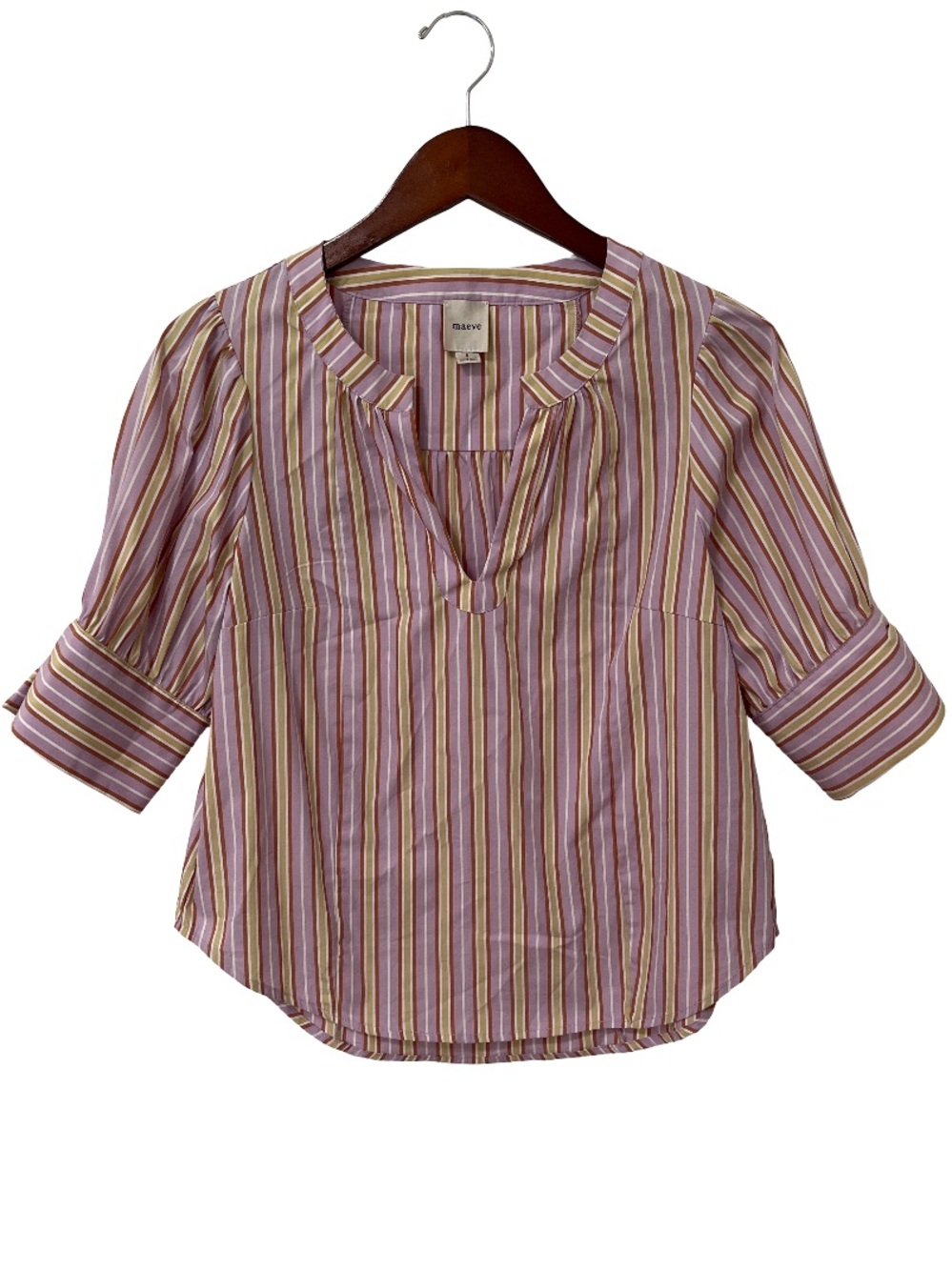 Maeve Anthropologie Womens Small Striped Popover Blouse Lavender 3/4 Sleeve
